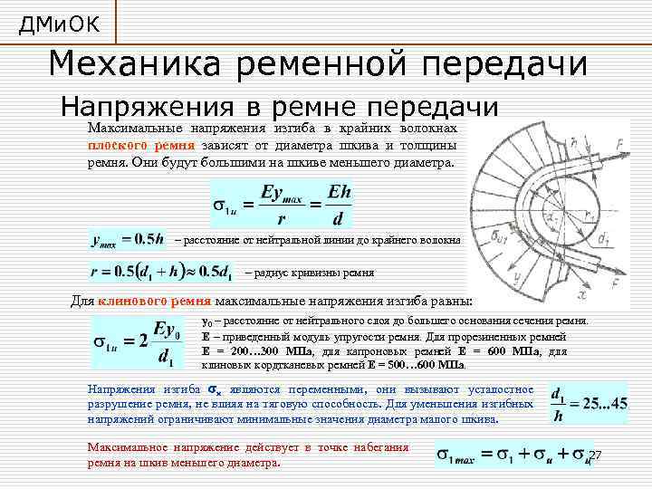 ДМи. ОК Механика ременной передачи Напряжения в ремне передачи Максимальные напряжения изгиба в крайних