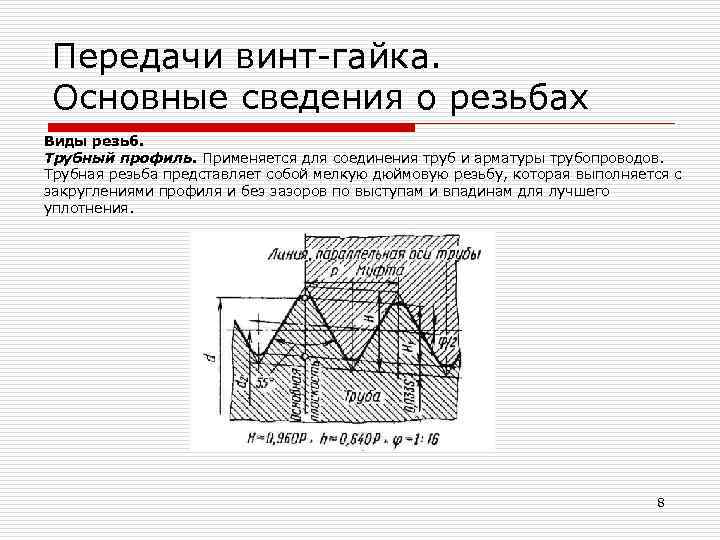 Передачи винт гайка. Основные сведения о резьбах Виды резьб. Трубный профиль. Применяется для соединения