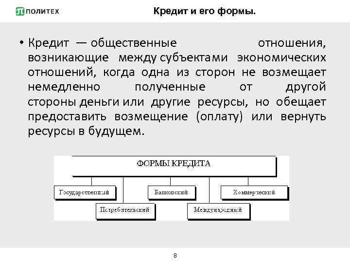 Кредит и его формы. • Кредит — общественные отношения, возникающие между субъектами экономических отношений,