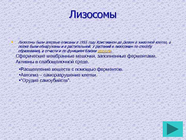 Лизосомы • Лизосомы были впервые описаны в 1955 году Кристианом де Дювом в животной