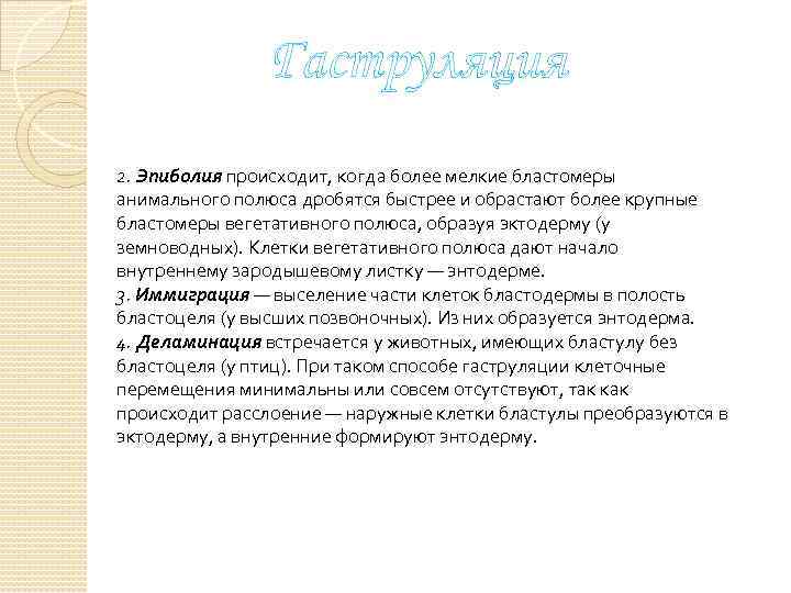 Гаструляция 2. Эпиболия происходит, когда более мелкие бластомеры анимального полюса дробятся быстрее и обрастают