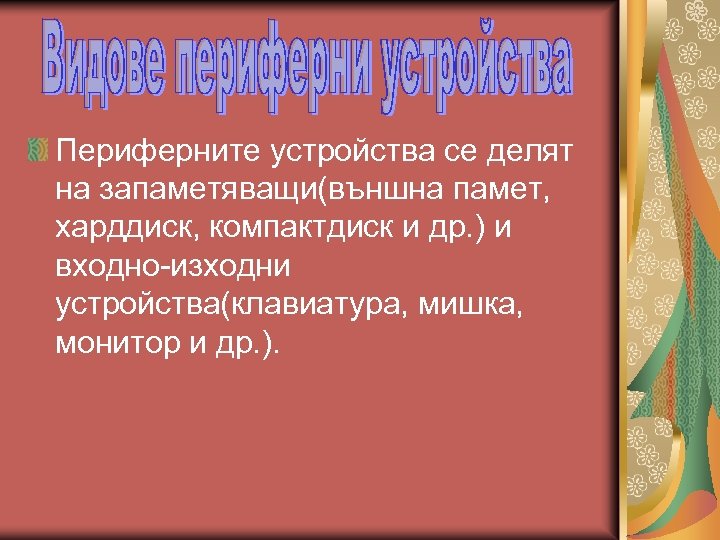 Периферните устройства се делят на запаметяващи(външна памет, харддиск, компактдиск и др. ) и входно-изходни
