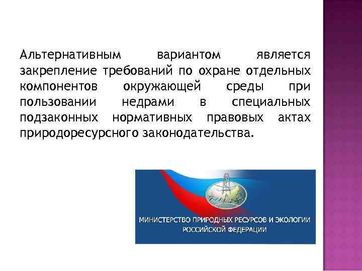 Альтернативным вариантом является закрепление требований по охране отдельных компонентов окружающей среды при пользовании недрами