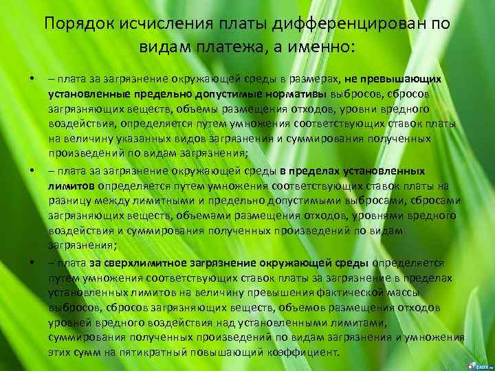 Порядок исчисления платы дифференцирован по видам платежа, а именно: • • • – плата