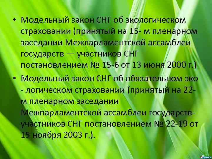  • Модельный закон СНГ об экологическом страховании (принятый на 15 - м пленарном
