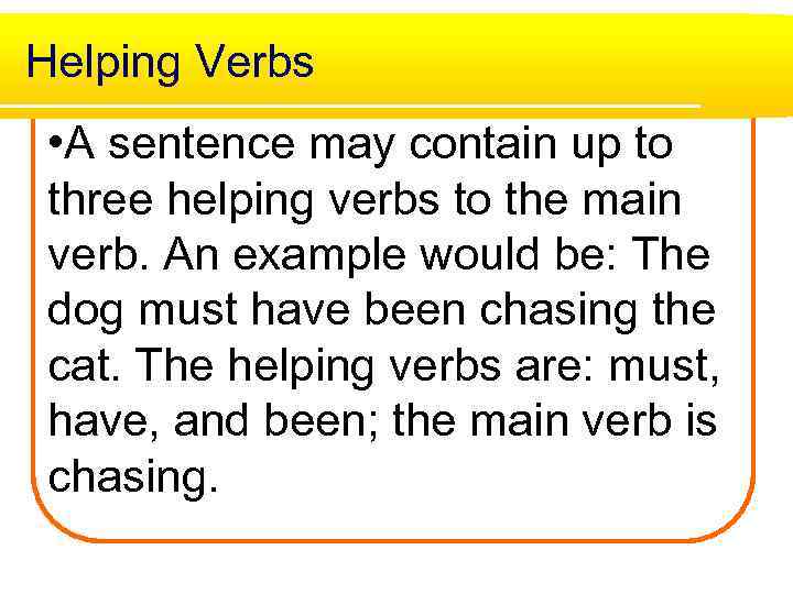 Helping Verbs • A sentence may contain up to three helping verbs to the