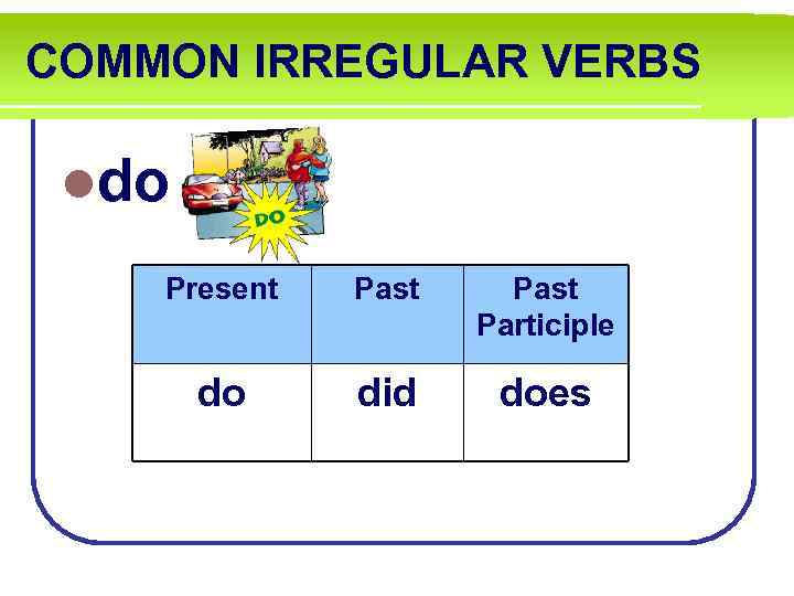 COMMON IRREGULAR VERBS ldo Present Past Participle do did does 