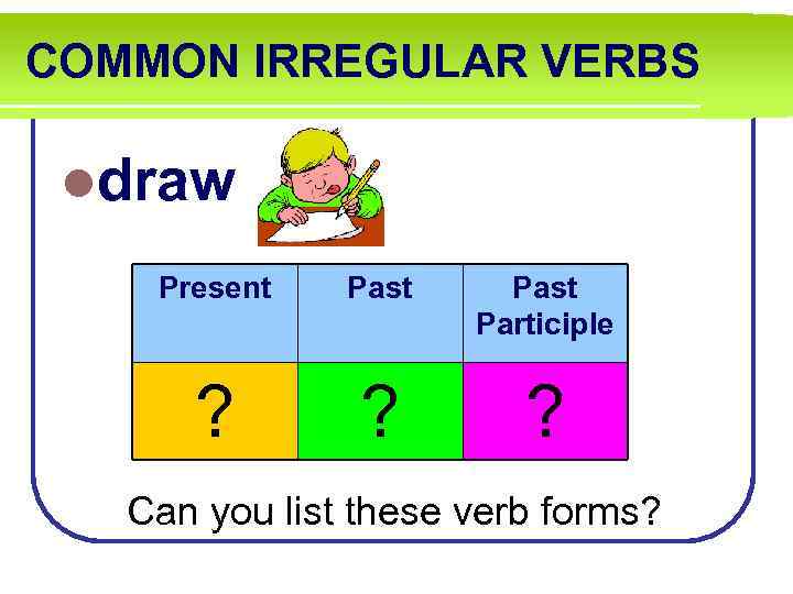 COMMON IRREGULAR VERBS ldraw Present Past Participle ? ? ? Can you list these