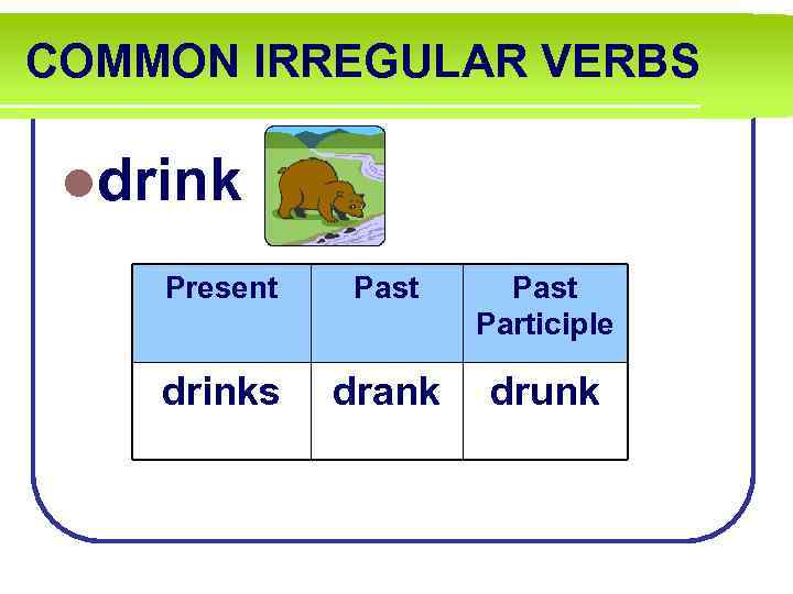 COMMON IRREGULAR VERBS ldrink Present Past Participle drinks drank drunk 