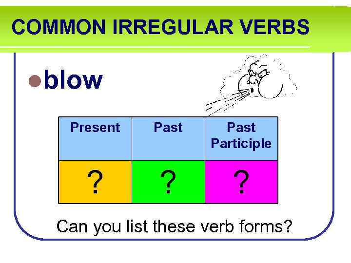 COMMON IRREGULAR VERBS lblow Present Past Participle ? ? ? Can you list these