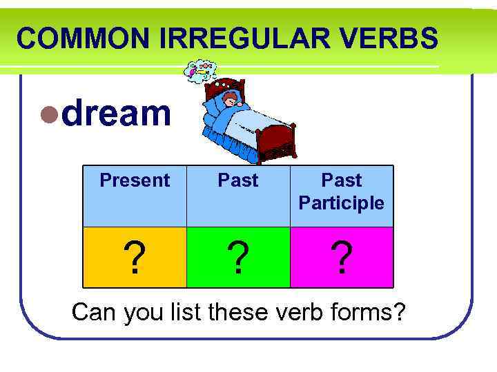 COMMON IRREGULAR VERBS ldream Present Past Participle ? ? ? Can you list these