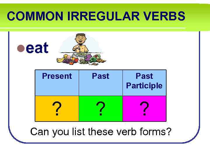 COMMON IRREGULAR VERBS leat Present Past Participle ? ? ? Can you list these