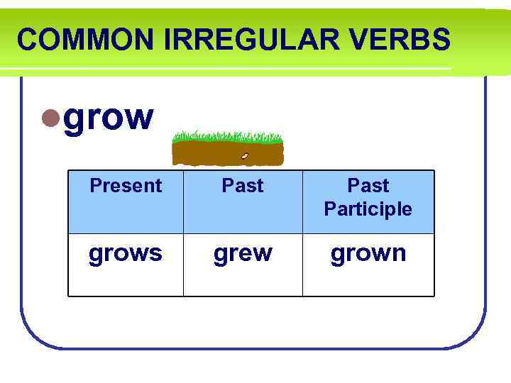 COMMON IRREGULAR VERBS lgrow Present Past Participle grows grew grown 