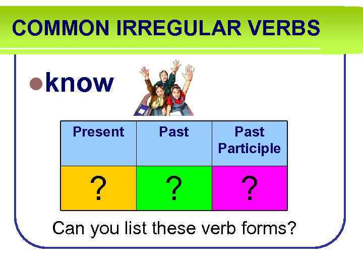 COMMON IRREGULAR VERBS lknow Present Past Participle ? ? ? Can you list these