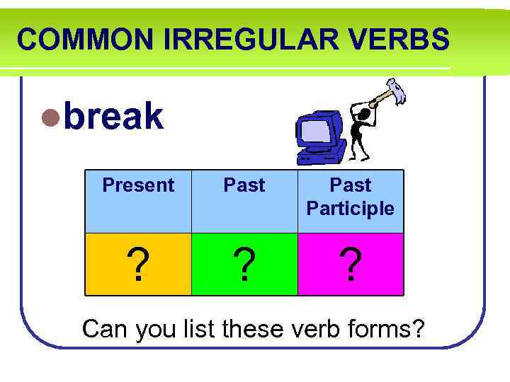 COMMON IRREGULAR VERBS lbreak Present Past Participle ? ? ? Can you list these