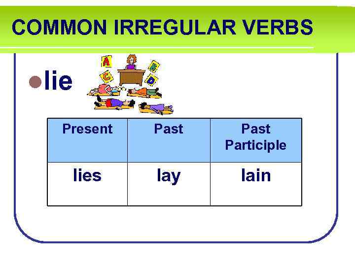 COMMON IRREGULAR VERBS llie Present Past Participle lies lay lain 