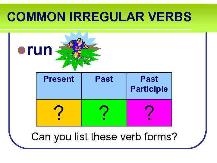 COMMON IRREGULAR VERBS lrun Present Past Participle ? ? ? Can you list these