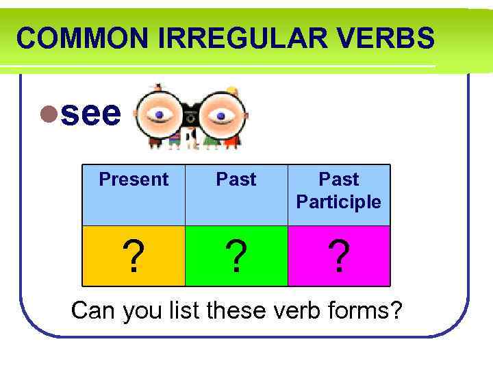 COMMON IRREGULAR VERBS lsee Present Past Participle ? ? ? Can you list these