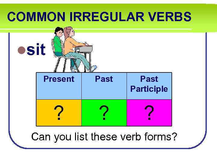 COMMON IRREGULAR VERBS lsit Present Past Participle ? ? ? Can you list these