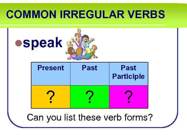 COMMON IRREGULAR VERBS lspeak Present Past Participle ? ? ? Can you list these