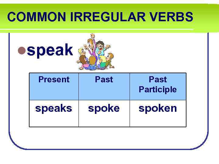 COMMON IRREGULAR VERBS lspeak Present Past Participle speaks spoken 