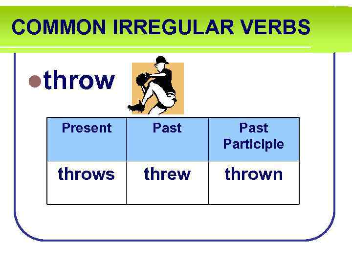 COMMON IRREGULAR VERBS lthrow Present Past Participle throws threw thrown 