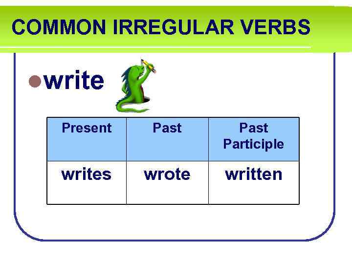 COMMON IRREGULAR VERBS lwrite Present Past Participle writes wrote written 