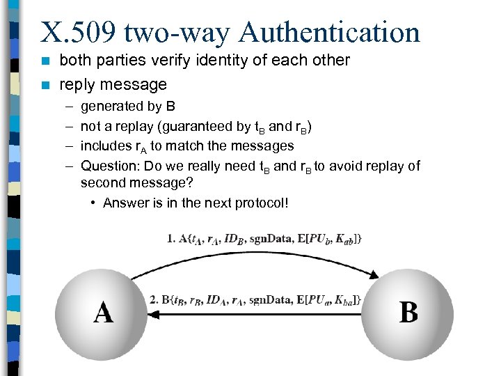 X. 509 two-way Authentication both parties verify identity of each other n reply message
