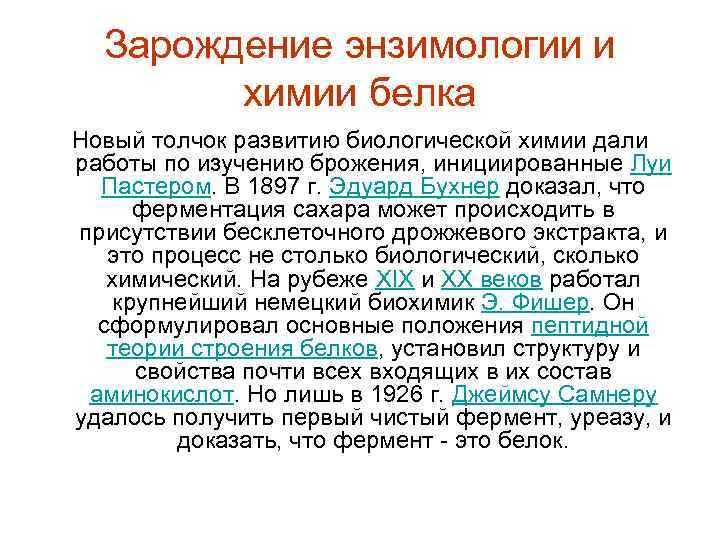 Зарождение энзимологии и химии белка Новый толчок развитию биологической химии дали работы по изучению