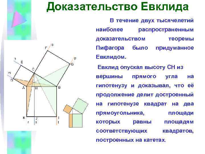 Доказательство Евклида В течение двух тысячелетий наиболее распространенным доказательством Пифагора было теоремы придуманное Евклидом.