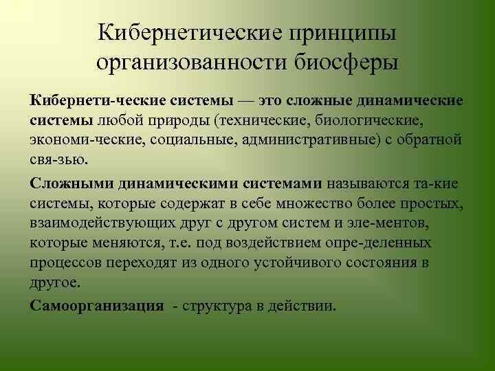 Кибернетические принципы организованности биосферы Кибернети ческие системы — это сложные динамические системы любой природы