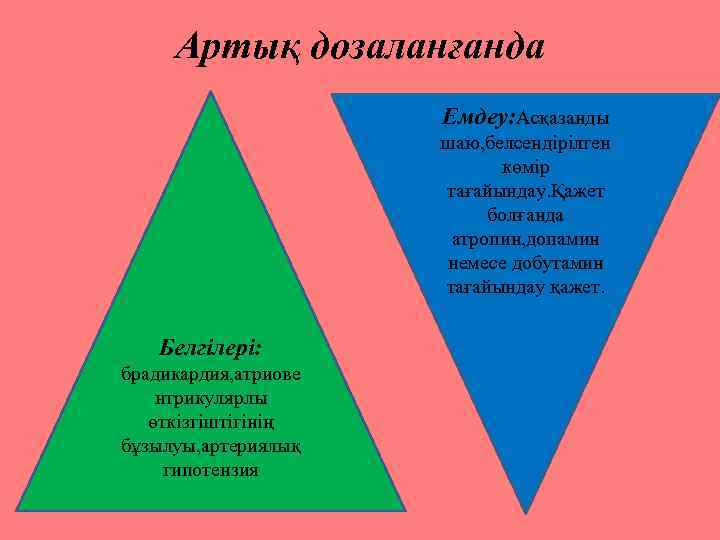 Артық дозаланғанда Емдеу: Асқазанды шаю, белсендірілген көмір тағайындау. Қажет болғанда атропин, допамин немесе добутамин