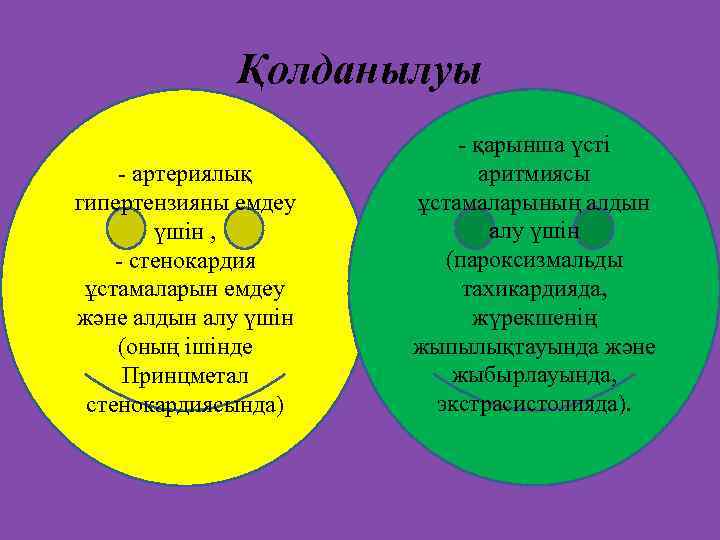 Қолданылуы - артериялық гипертензияны емдеу үшін , - стенокардия ұстамаларын емдеу және алдын алу
