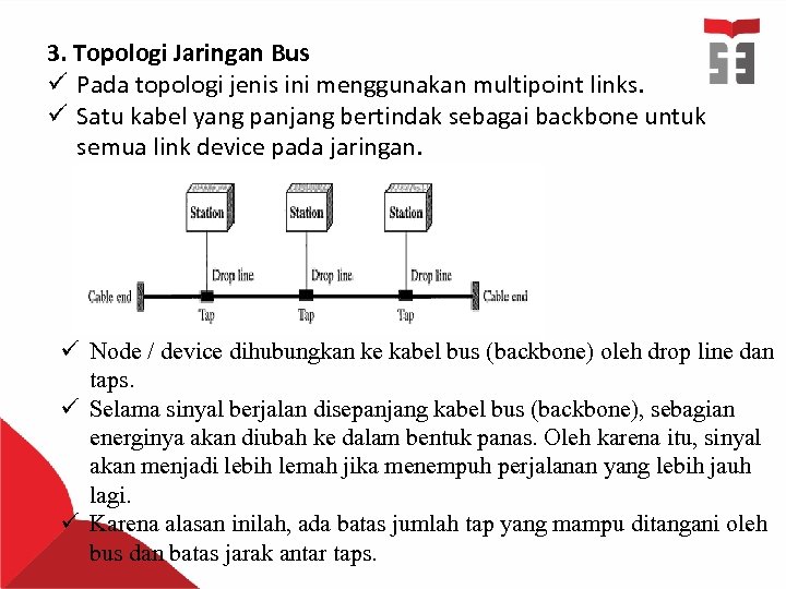 3. Topologi Jaringan Bus ü Pada topologi jenis ini menggunakan multipoint links. ü Satu