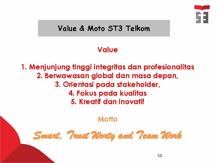 Value & Moto ST 3 Telkom Value 1. Menjunjung tinggi integritas dan profesionalitas 2.