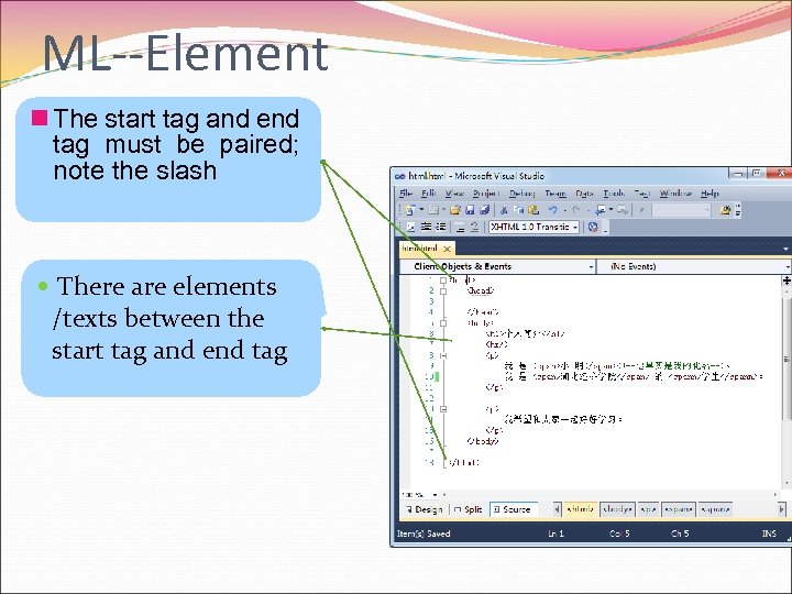 ML--Element n The start tag and end tag must be paired; note the slash