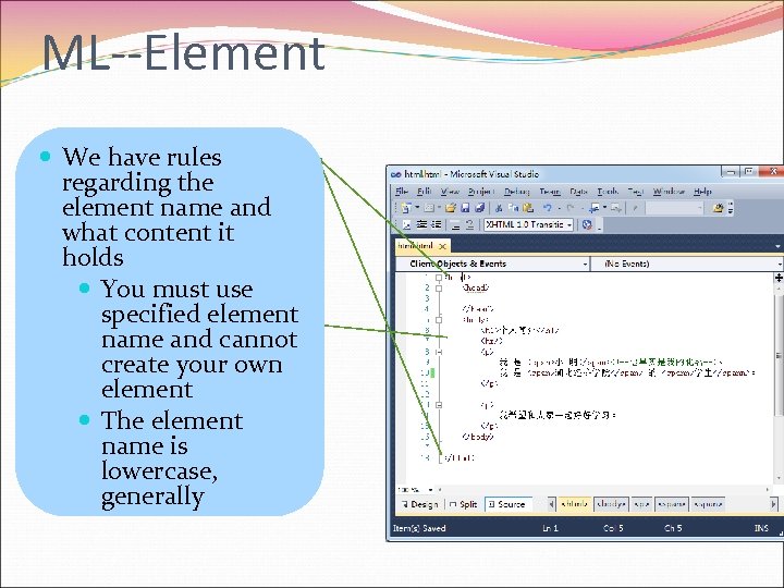 ML--Element We have rules regarding the element name and what content it holds You