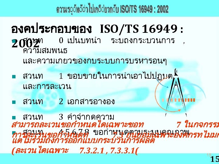 องคประกอบของ ISO/TS 16949 : n สวนท 0 เปนบทนำ ระบถงกระบวนการ , 2002 ความสมพนธ และความเกยวของกบระบบการบรหารอนๆ n