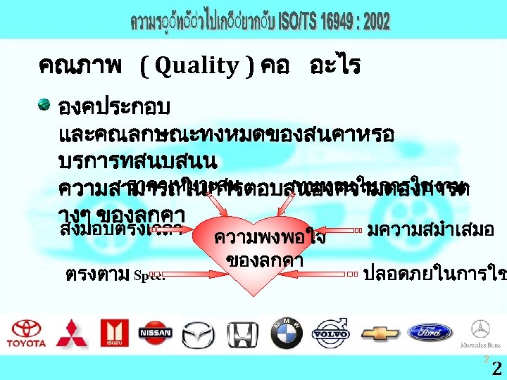 คณภาพ ( Quality ) คอ อะไร องคประกอบ และคณลกษณะทงหมดของสนคาหรอ บรการทสนบสนน ราคาเหมาะสม ทนทานในการใชงาน ความสามารถในการตอบสนองความตองการต างๆ ของลกคา