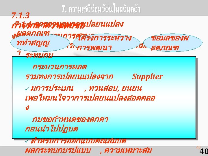 7. 1. 3 7. 1. 4 การควบคมการเปลยนแปลง การรกษาความลบขอ ผลตภณฑ ü มกระบวนการควบคม งลกคา โครงการระหวาง ขอมลของผ