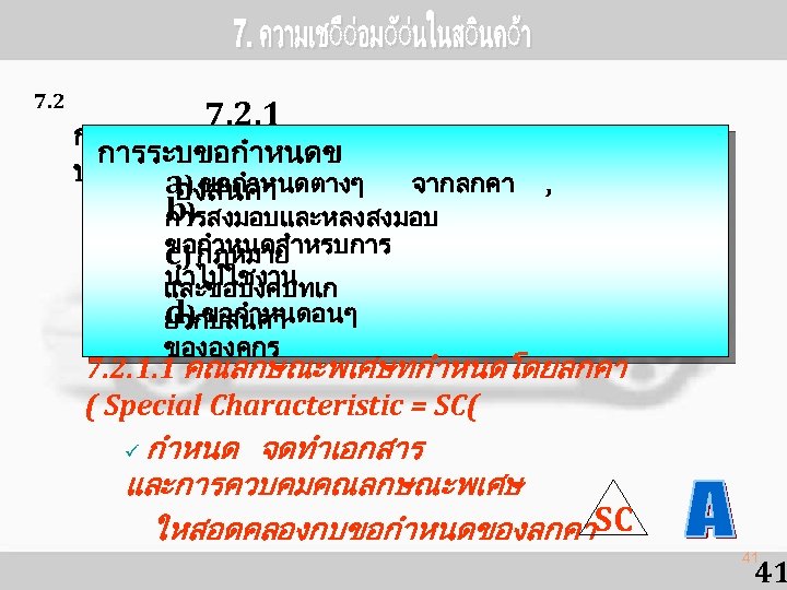 7. 2. 1 กระบวนการทเกยวของก การระบขอกำหนดข บลกคา a) ขอกำหนดตางๆ องสนคา จากลกคา b) การสงมอบและหลงสงมอบ ขอกำหนดสำหรบการ c)