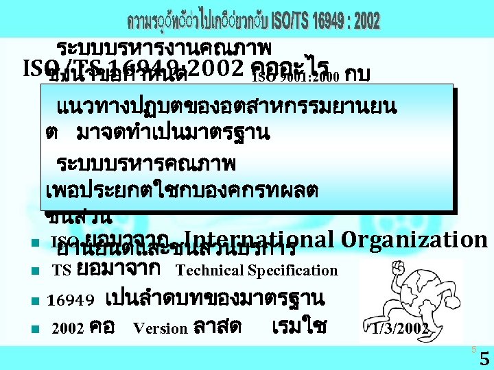 ระบบบรหารงานคณภาพ ISO/TS 16949: 2002 คออะไร กบ ซงนำขอกำหนด ISO 9001: 2000 แนวทางปฏบตของอตสาหกรรมยานยน ต มาจดทำเปนมาตรฐาน ระบบบรหารคณภาพ