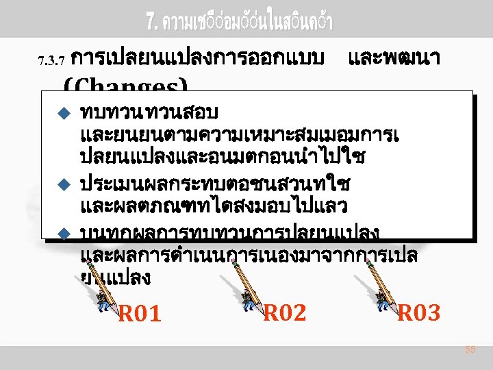 7. 3. 7 การเปลยนแปลงการออกแบบ (Changes) u u u และพฒนา ทบทวน ทวนสอบ และยนยนตามความเหมาะสมเมอมการเ ปลยนแปลงและอนมตกอนนำไปใช ประเมนผลกระทบตอชนสวนทใช