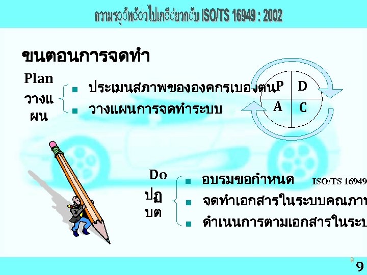 ขนตอนการจดทำ Plan วางแ ผน n n ประเมนสภาพขององคกรเบองตนP D A C วางแผนการจดทำระบบ Do ปฏ บต