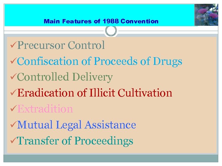 Main Features of 1988 Convention üPrecursor Control üConfiscation of Proceeds of Drugs üControlled Delivery