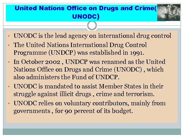 United Nations Office on Drugs and Crime( UNODC) • UNODC is the lead agency