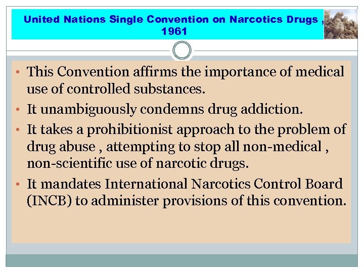 United Nations Single Convention on Narcotics Drugs , 1961 • This Convention affirms the