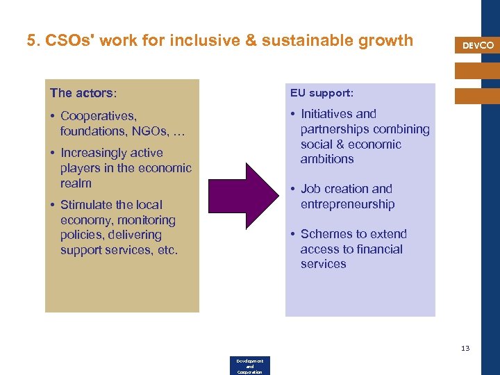 5. CSOs' work for inclusive & sustainable growth The actors: EU support: • Cooperatives,