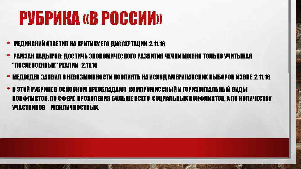 РУБРИКА «В РОССИИ» • • МЕДИНСКИЙ ОТВЕТИЛ НА КРИТИКУ ЕГО ДИССЕРТАЦИИ 2. 11. 16