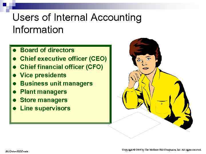 Users of Internal Accounting Information l Board of directors l Chief executive officer (CEO)